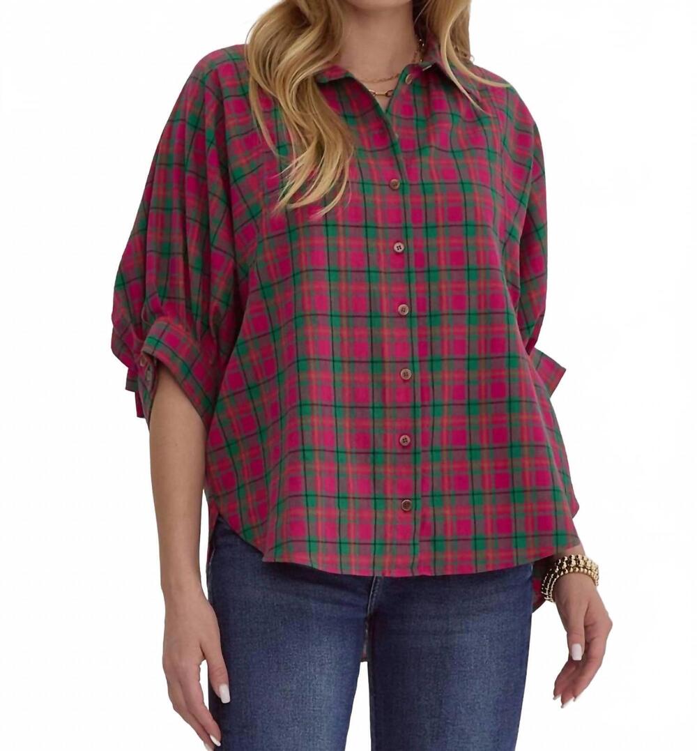 NEW ENTRO plaid oversized top in magenta and green